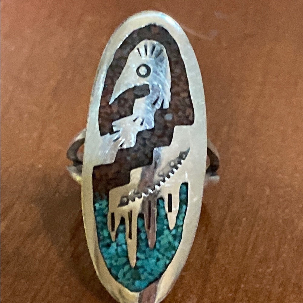 sterling Silver and Turquoise & Coral inlay Oval  knuckle Ring 8-3/4